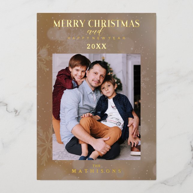 Brown Snowflake Christmas Modern Custom Photo Foil Invitation (Front)