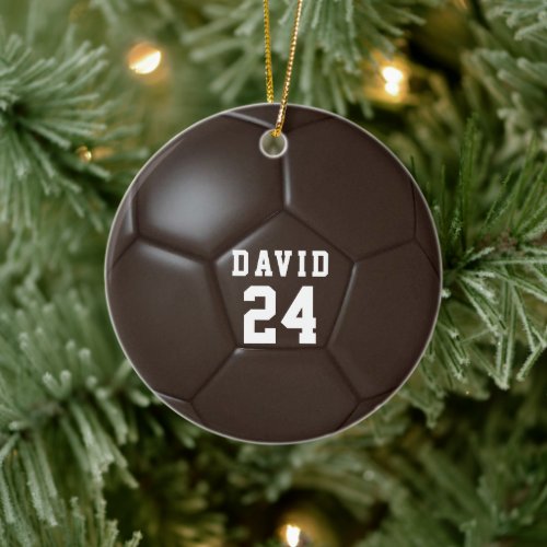 Brown Soccer Ball Personalized Name Team Number Ceramic Ornament