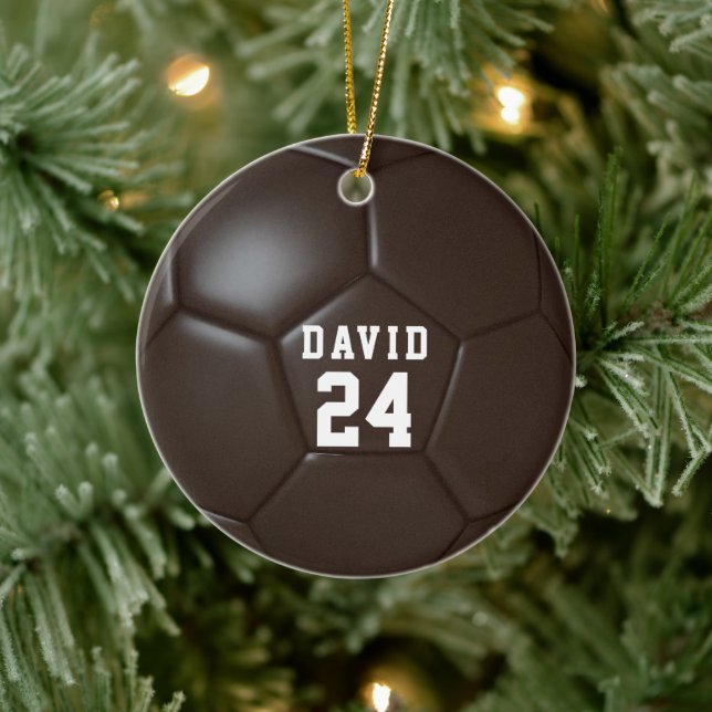 Brown Soccer Ball Personalized Name Team Number Ceramic Ornament (Tree)