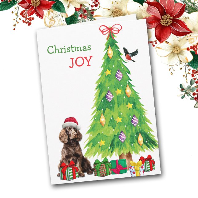 Brown Spaniel Dog, Bird and Christmas Tree Holiday Card (Creator Uploaded)