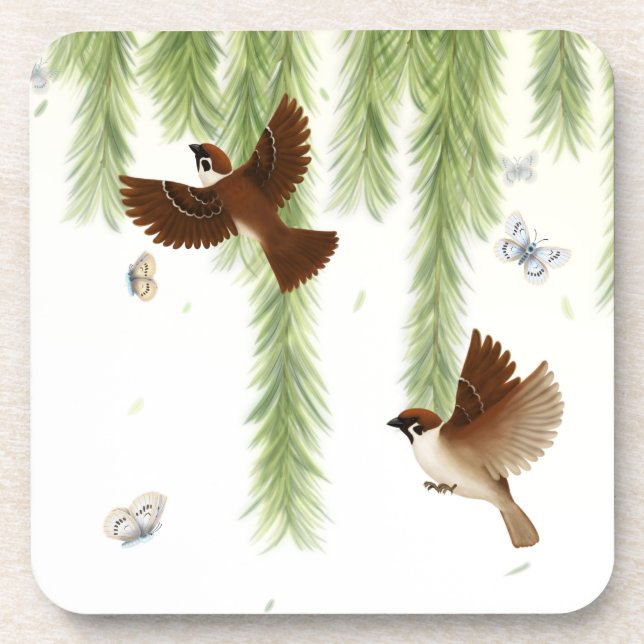 Brown Sparrows Among Weeping Willow Leaves Beverage Coaster (Front)