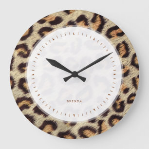 Brown spots leopard faux fur pattern large clock