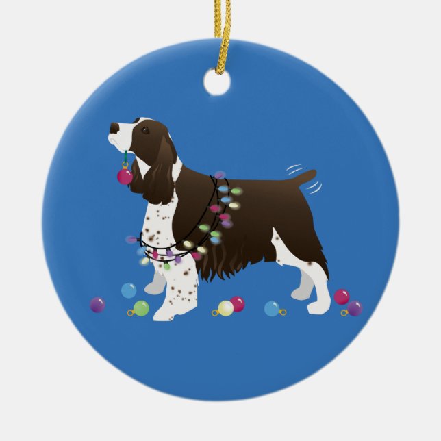 Brown Springer Spaniel Christmas Illustration Ceramic Ornament (Front)
