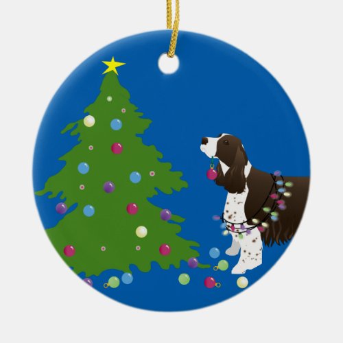 Brown Springer Spaniel Christmas Illustration Ceramic Ornament