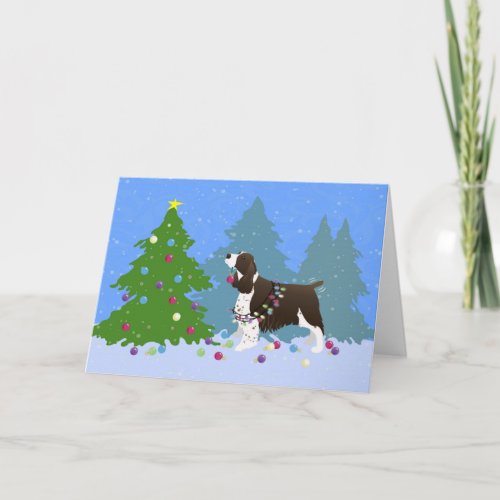 Brown Springer Spaniel Decorating Christmas Tree Holiday Card