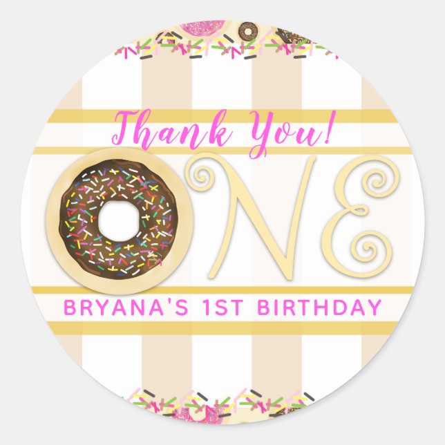 Brown Sprinkle Donut Donuts ONE 1st Birthday Party Classic Round Sticker (Front)