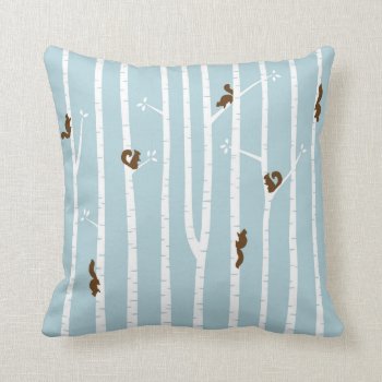 Brown Squirrels Climbing Birch Trees On Blue Throw Pillow by AnyTownArt at Zazzle