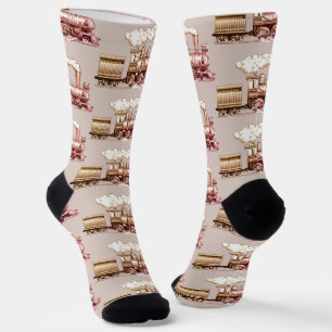 Brown Steam Engine Locomotive Train on Beige       Socks