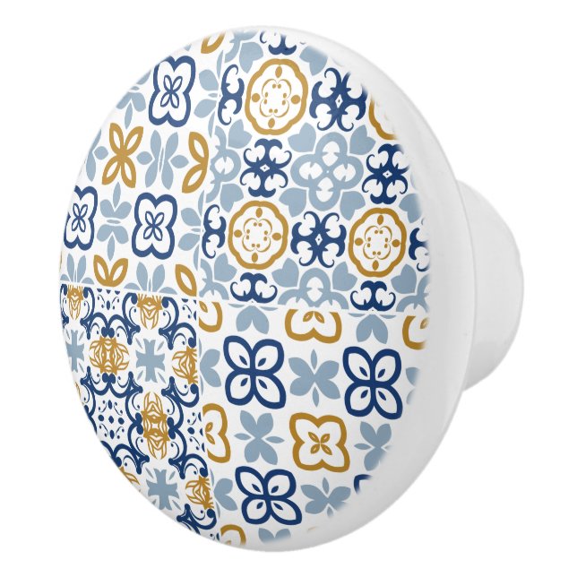 Brown steel navy blue Portuguese tile illustration Ceramic Knob (Right)