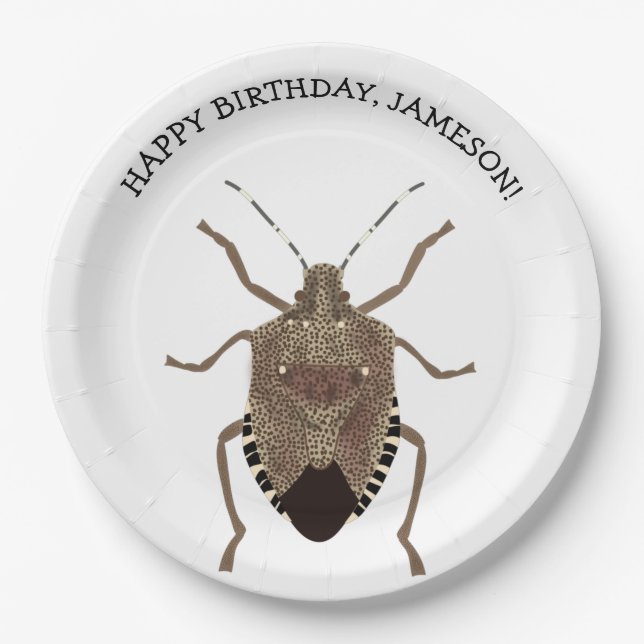 Brown Stink Bug Illustration Personalized Party Paper Plates (Front)