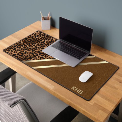 Brown Stitch Faux Leather  Leopard _ Monogram Desk Mat