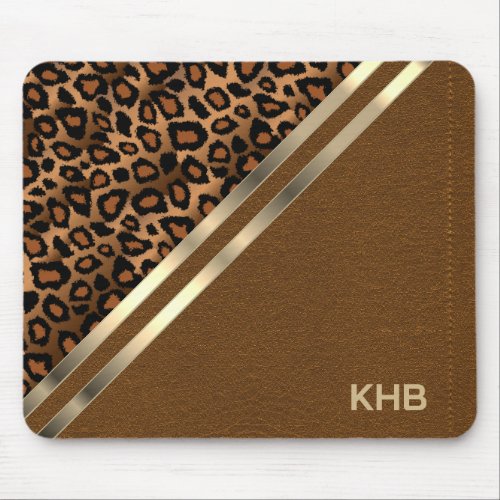 Brown Stitch Faux Leather  Leopard _ Monogram Mouse Pad