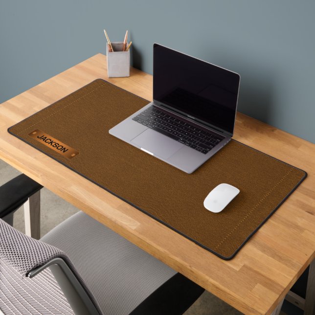 Brown Stitch Faux Leather - Personalize Desk Mat (Office 2)
