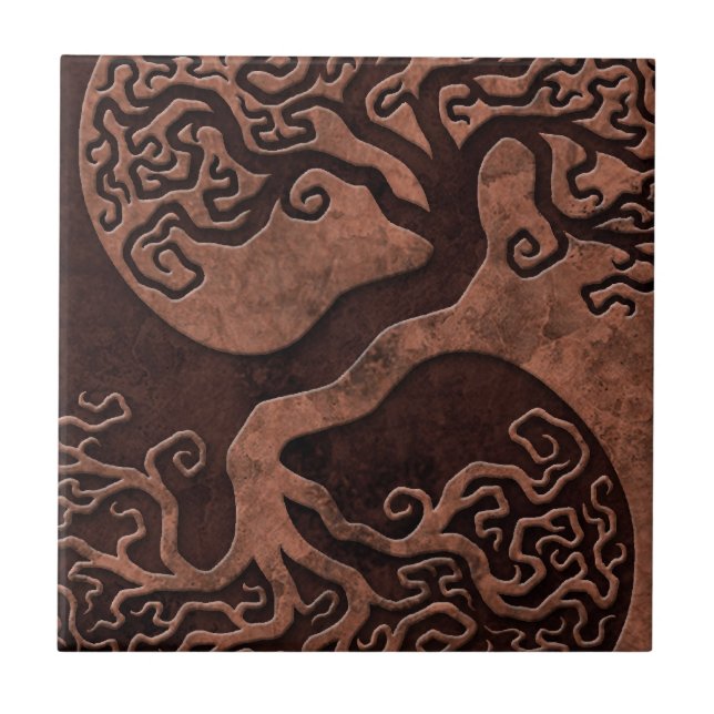 Brown Stone Yin Yang Trees Ceramic Tile (Front)