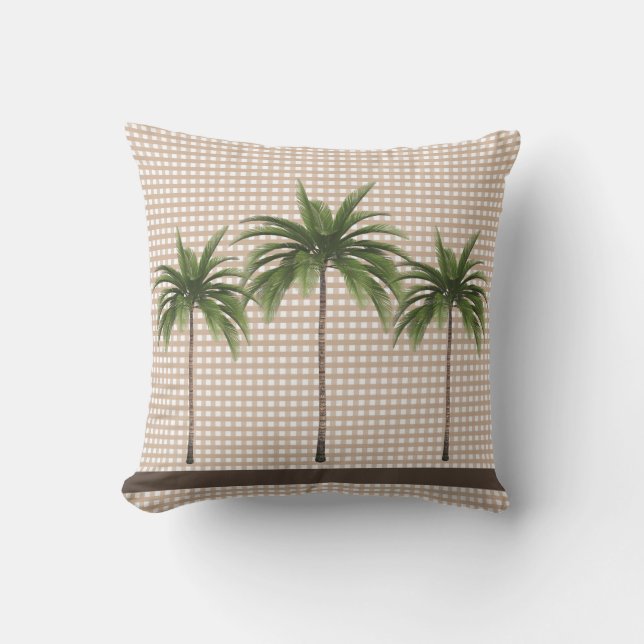 Brown Stripe and Tropical Green Palm Trees Outdoor Pillow (Front)