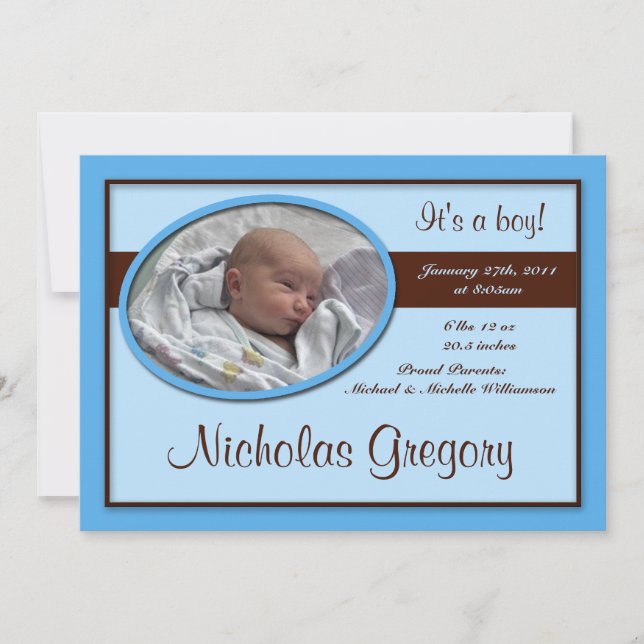 Brown Stripe Blue Birth Announcements (Front)