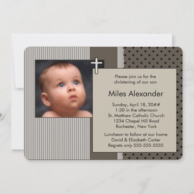 Brown Stripe Boys Photo Christening Invitation (Front)