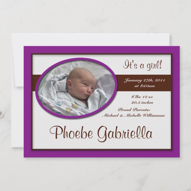 Brown Stripe Dark Purple Birth Announcements (Front)