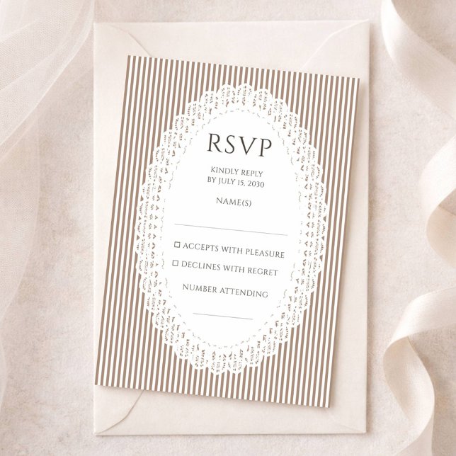 Brown Stripe Lace Doily Wedding RSVP Enclosure Card (Creator Uploaded)