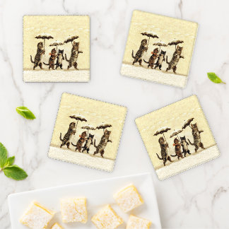 Brown Striped Cats Kittens in Snow With Umbrellas  Coaster Set