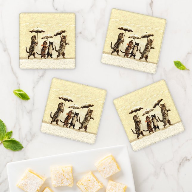 Brown Striped Cats Kittens in Snow With Umbrellas  Coaster Set (In Situ)