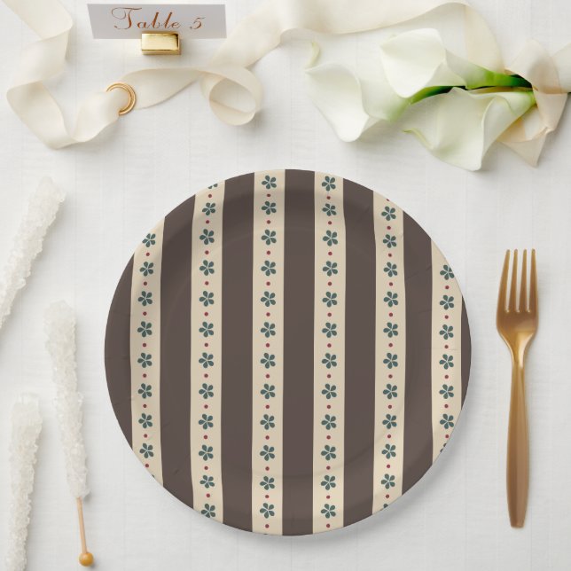Brown Stripes And Flowers Paper Plates (Wedding)