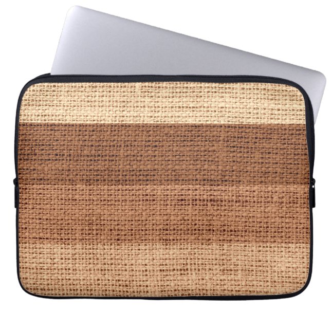 Brown Stripes Burlap Rustic Jute Laptop Sleeve (Front)