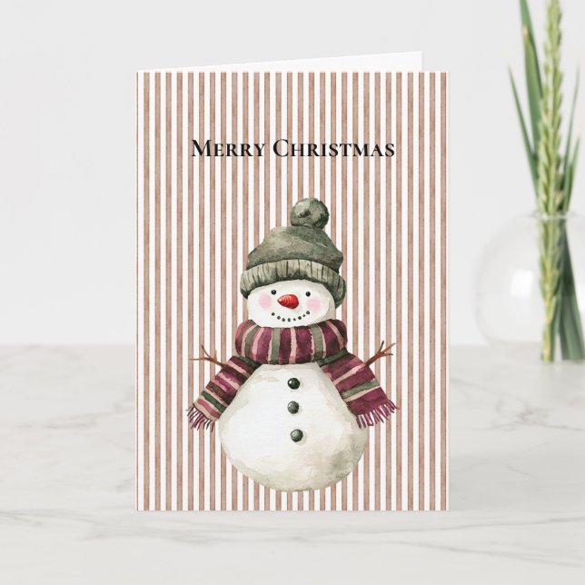 Brown Stripes Christmas Snowman Card (Front)