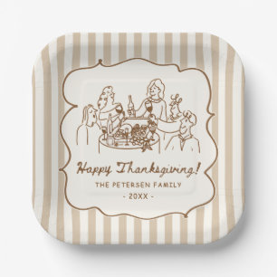 Brown Stripes Hand Drawn Thanksgiving Dinner Party Paper Plates