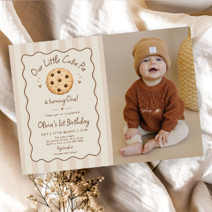 Brown Stripes Little Cutie Pie Birthday Photo Invitation