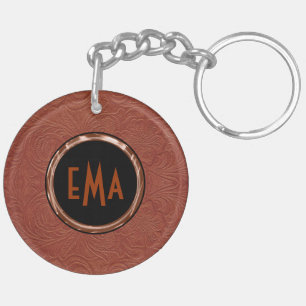 Brown Suede Leather Floral Design Keychain