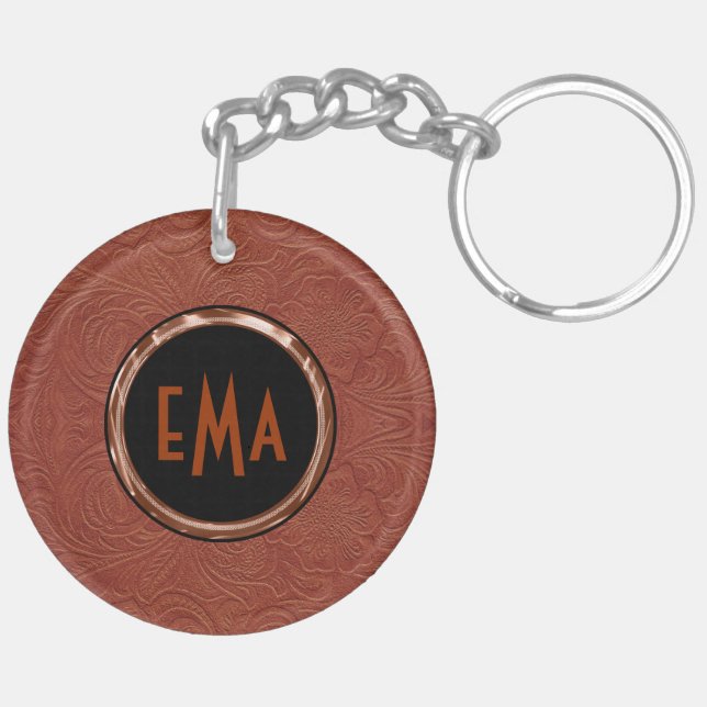 Brown Suede Leather Floral Design Keychain (Back Left)