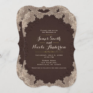 Brown Suede Leather Vintage Lace Western Wedding Invitation