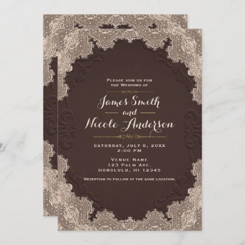 Brown Suede Leather Vintage Lace Western Wedding Invitation