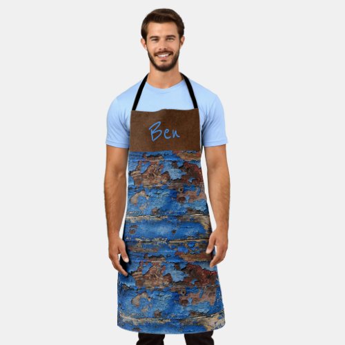 Brown Suede N Blue Chipped Paint Personalize Apron