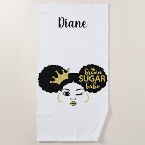 Brown Sugar Babe in Black and Gold Beach Towel