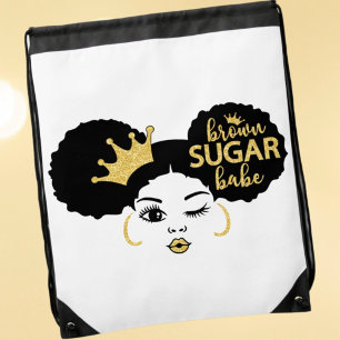 Brown Sugar Babe in Black and Gold Drawstring Bag