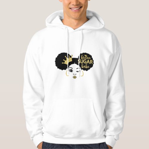 Brown Sugar Babe in Black and Gold Hoodie