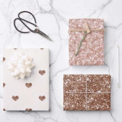 Brown Sugar Pink Glitter Hearts Birthday Wrapping Paper Sheets