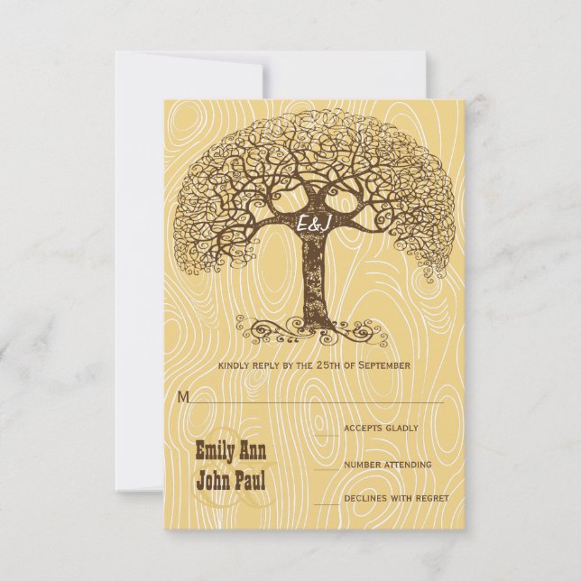 Brown Swirl Tree Ivory Woodgrain Wedding RSVP Invitation (Front)