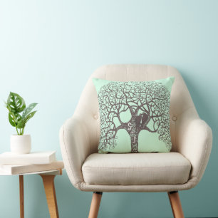 Brown Swirl Tree Love Bird-choose background color Throw Pillow