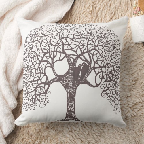 Brown Swirl Tree Love Bird choose background color Throw Pillow