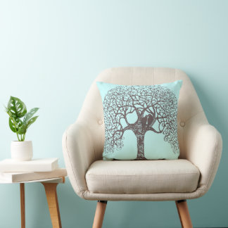 Brown Swirl Tree Love Bird-choose background color Throw Pillow