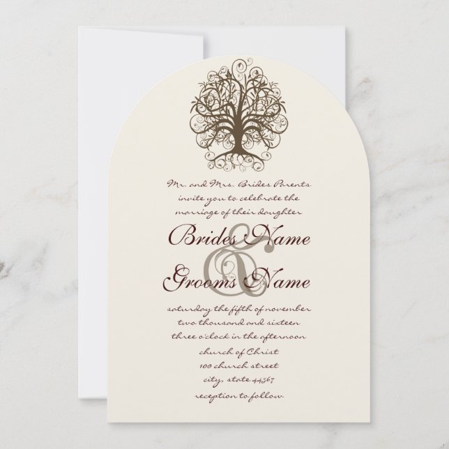 Brown Swirl Tree Roots of Love Wedding Invitation (Back)
