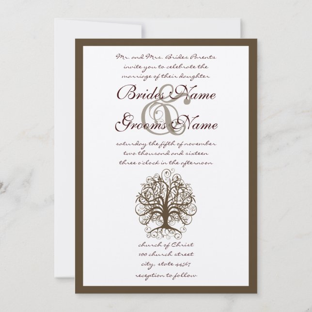 Brown Swirl Tree Roots of Love Wedding Invitation (Back)