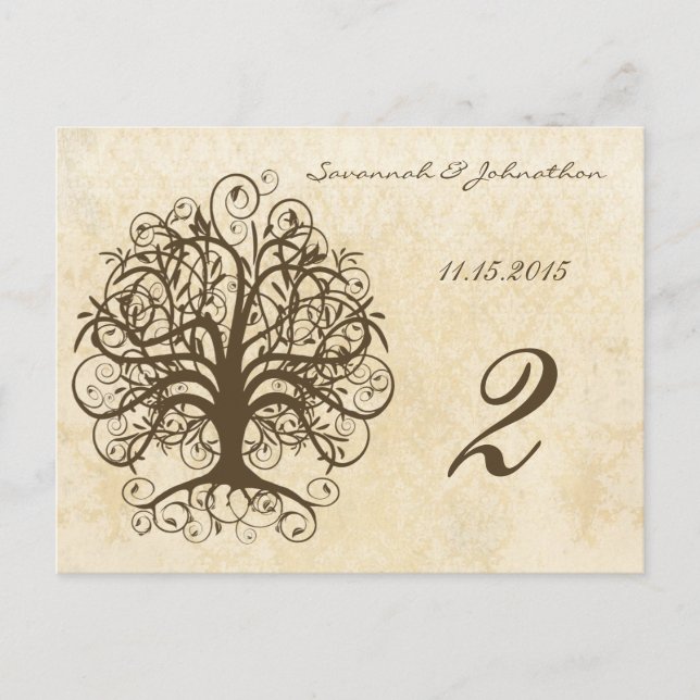 Brown Swirl Tree Table Number Cards (Front)