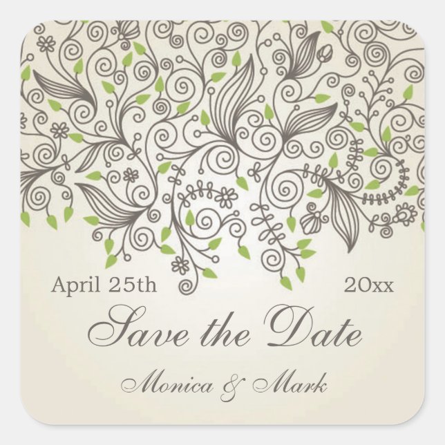 Brown swirls and green leaves Save the Date Square Sticker (Front)