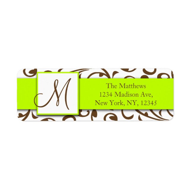 Brown Swirls Damask Green Return Address Label (Front)