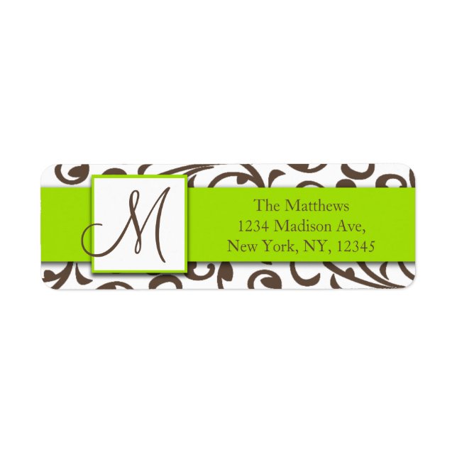 Brown Swirls Damask Green Return Address Labels (Front)