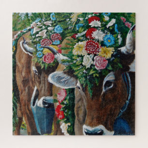 Brown Swiss milk cow with flowers/Oktoberfest Jigsaw Puzzle